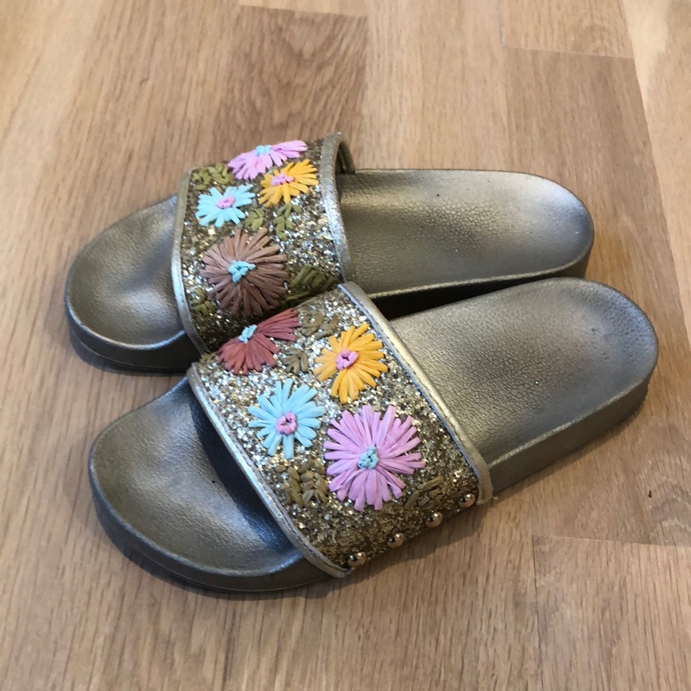 Champagne gold glitter slides from saks